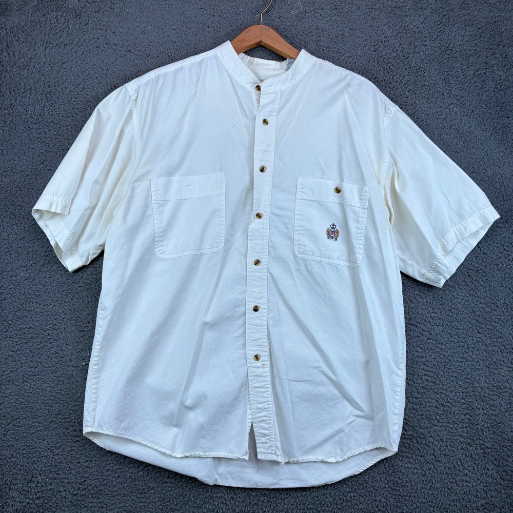 Bugle Boy Company Mens Off White Band Collar Short Sleeve Cotton Shirt Large